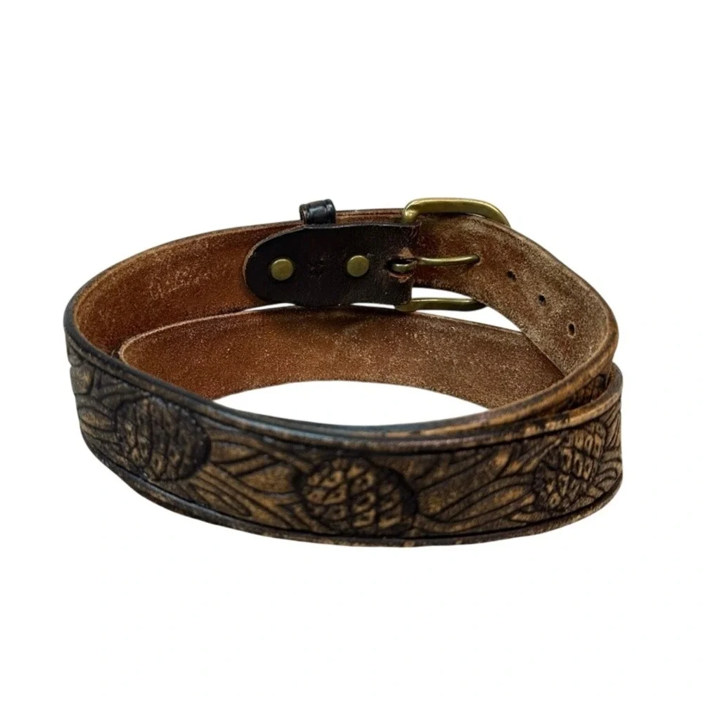 Vintage Hand Tooled Leather Belt Brown Western Floral Pineapple Size 36 Brass
